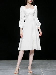 White Square Collar Long Sleeve Party Dress
