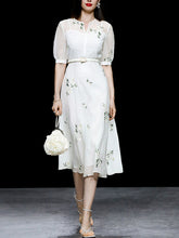 Load image into Gallery viewer, White V Neck Puff Sleeves Embroidered Organza Vintage Dress