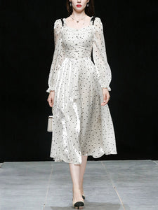 White And Black Polka Dots Square Collar Long Sleeve Party 1950S Dress