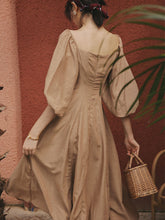 Load image into Gallery viewer, Retro Palace Puffed Sleeves Square Collar Linen Vintage Dress