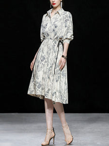 Apricot Doll Sleeves Nipped Waist Slim Print Shirt Dress