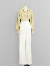 Load image into Gallery viewer, Yellow V Neck Shirt And White High Waisted Wide Leg Trousers Suit