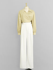 Yellow V Neck Shirt And White High Waisted Wide Leg Trousers Suit
