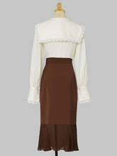 Load image into Gallery viewer, 2PS White Lace Ruffles V Neck Top And Brown Fishtail Skirt Dress Suit