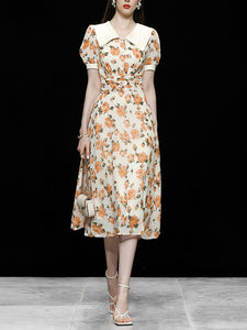 Orange Rose Chelsea Collar Puff Sleeve 1940S Dress