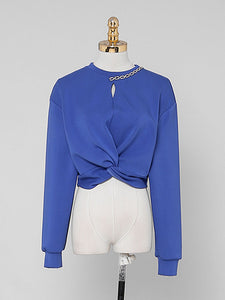 2PS Royal Blue Casual Crew Neck Loose Short Sweater And Smocked Bodycon Skirt Suit