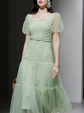 Load image into Gallery viewer, Green Vintage Style Square Neck Puff Sleeve Tulle Party Dress