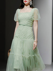Green Vintage Style Square Neck Puff Sleeve Tulle Party Dress