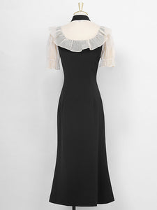 White Semi Sheer Ruffles With Black Fishtail Cheongsam Dress