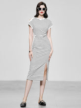 Load image into Gallery viewer, Striped Crew Neck Slit Casual Sexy Bodycon Dress