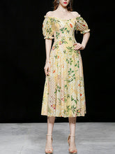 Load image into Gallery viewer, Embroidered Puff Sleeve Monet&#39;s Garden 1950s Vintage Party Dress
