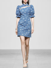 Load image into Gallery viewer, Retro Cheongsam Stand Collar Hollow Puff Sleeves Denim Printed Mini Dress