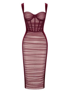 Wine Red Mesh Strap Corset Velvet Bodycon Dress Sexy Gown Party Dress