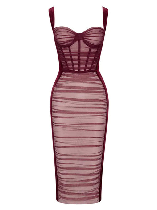 Wine Red Mesh Strap Corset Velvet Bodycon Dress Sexy Gown Party Dress