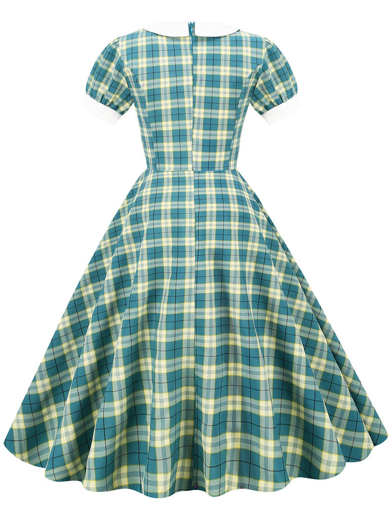 Green Plaid Peter Pan Collar Hepburn Style Puff Short Sleeved Elegant 1950S Swing Dress, Green / 2XL Green Plaid Peter Pan Collar Hepburn Style Puff Short Sleeved Elegant 1950S Swing Dress, Green / 2XL
