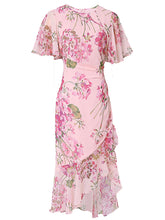 Load image into Gallery viewer, Pink Floral Print Chiffon Ruffles 1960S Dress