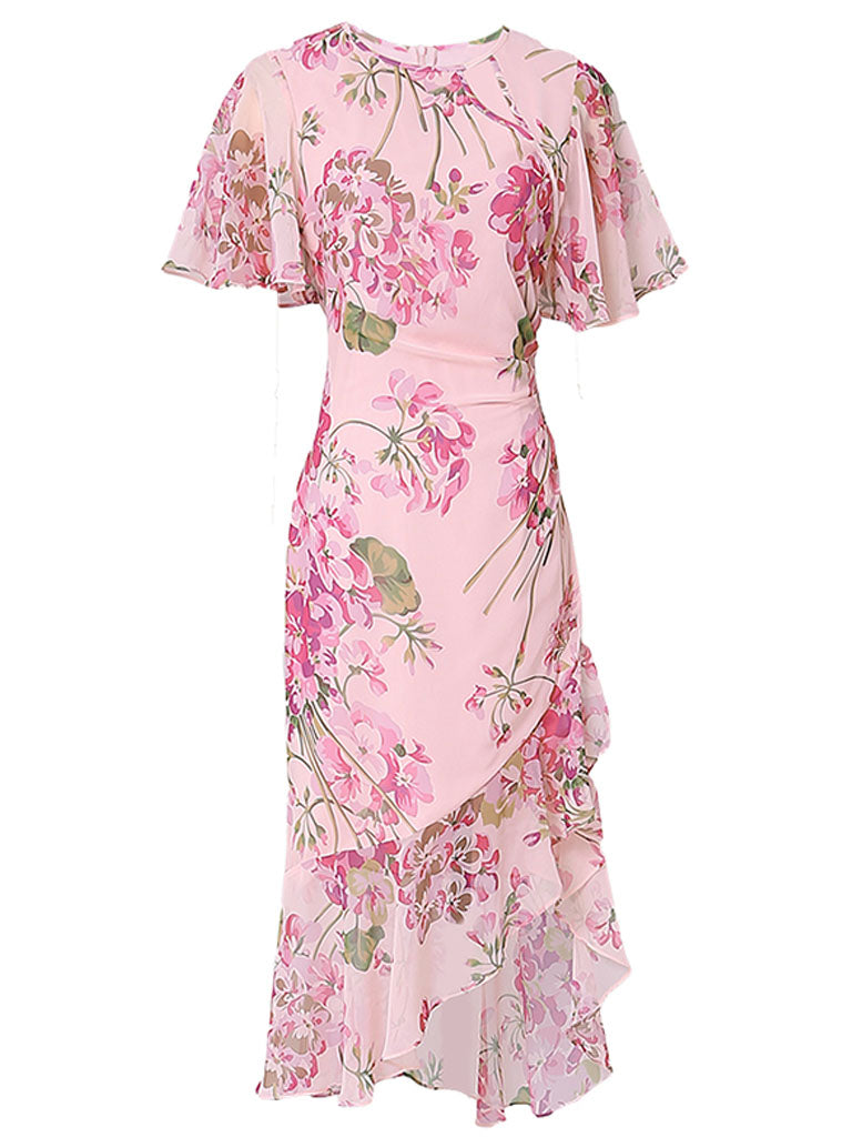 Pink Floral Print Chiffon Ruffles 1960S Dress