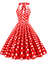 Load image into Gallery viewer, Green And White Polka Dots Pockets Vintage Halter 1950S Dress With Button