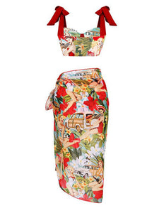 Red Retro Poster Print Bikini With Bathing Suit Wrap Skirt