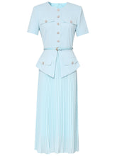 Load image into Gallery viewer, Retro Blue Short Sleeve New Look Style Pleated Fake Two Piece Suit Dress
