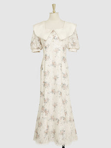 White Floral Print Puff Sleeve Vintage Mermaid 1940S Fish Tail Vintage Lace Dress