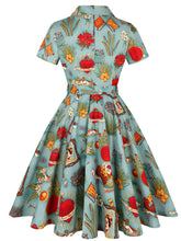 Load image into Gallery viewer, 1960S Green Portrait Painting Swing Vintage Dress With Belt