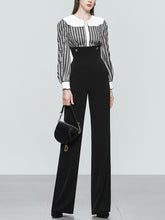 Load image into Gallery viewer, 2PS Black Print Long Sleeve Rhinestone Top With High Waist Wide Leg Pants Suit