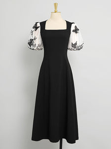 Black Butterfly Puff Sleeve Audrey Hepburn Style 50S Dress