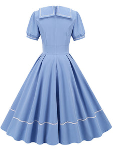 Blue Hepburn Style Navy Wavy Lace Puff Short Sleeved Elegant Swing Dress