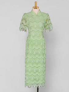 Green Heavy Lace Fabric Embroidered Tassel 1940S Vintage Dress