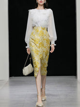 Load image into Gallery viewer, 2PS White Lace Long Sleeve Top And Yellow Floral Print Skirt Dress Suit