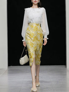 2PS White Lace Long Sleeve Top And Yellow Floral Print Skirt Dress Suit