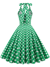 Load image into Gallery viewer, Green And White Polka Dots Pockets Vintage Halter 1950S Dress With Button
