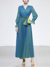 Load image into Gallery viewer, Blue V Neck Lantern Sleeve Pleated Fairy Dress