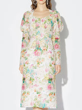 Load image into Gallery viewer, White 1960S Vintage Floral Printed Pearl Puff Sleeve Bodycon Dress
