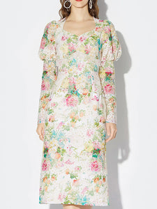 White 1960S Vintage Floral Printed Pearl Puff Sleeve Bodycon Dress