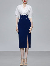 Load image into Gallery viewer, White And Navy Lantern Sleeve Slit Dress Vintage 1940S Dress