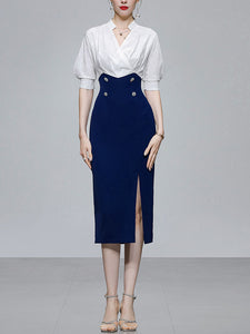 White And Navy Lantern Sleeve Slit Dress Vintage 1940S Dress