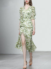 Load image into Gallery viewer, Light Green Floral Print V Neck Vintage Style Ruffles Dress