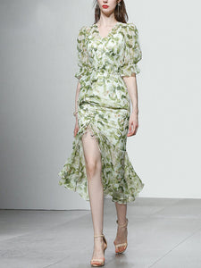 Light Green Floral Print V Neck Vintage Style Ruffles Dress