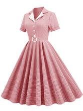 Load image into Gallery viewer, Green Plaid Turn Down Collar Short Sleeves 1950S Vintage Shirt Dress