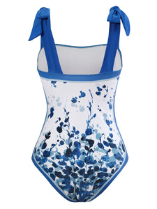 Blue Floral Print Flower Strap One Piece With Bathing Suit Wrap Skirt