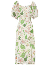 Load image into Gallery viewer, Green Floral Print Square Neck Off Shoulder 1950S Vintage Summer Holiday Dress