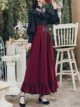 Load image into Gallery viewer, Black Lace Petal Blouse With Crimson Ruffled Skirt Set Edwardain Vinatge Dress Set