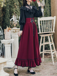 Black Lace Petal Blouse With Crimson Ruffled Skirt Set Edwardain Vinatge Dress Set