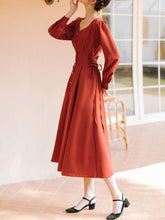 Load image into Gallery viewer, Orange Red Long Sleeve Button Fall Swing Dress