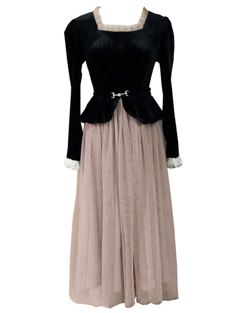 Black Square Collar Long Sleeve Velvet Dress