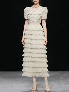 2PS Apricot Puff Sleeve Top And Ruffles Chiffon Cake Dress Set