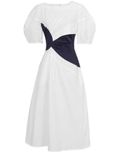 Load image into Gallery viewer, White Puff Sleeve Waist Black Knotted Audrey Hepburn&#39;s 1950S Dress