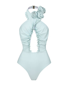 Purple Handmade Flower Halter Ruffles One Piece With Bathing Suit Wrap Skirt